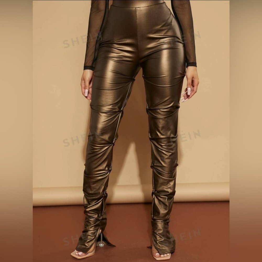 SHEIN Sexy High Waisted Ruched PU Leather Skinny Pants. NWT, bronze color, XS